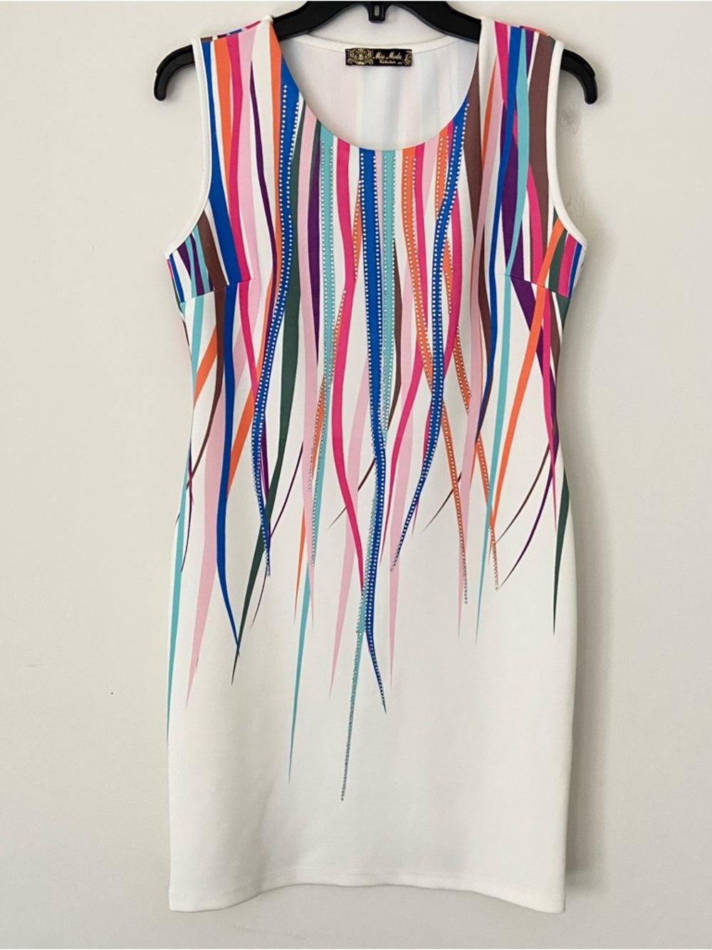 NWOT Size S Mia Moda Chic White Dress w/ Colorful Abstract Stripes